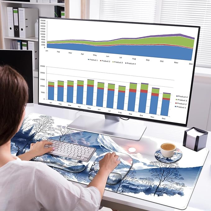 4 in 1 Large Mouse Pad, Keyboard Wrist Rest Set, Ergonomic Mouse Pad with Wrist Support, Desk Mat with Stitched Edges Extended Desk Pad Waterproof Desk Mat for Home Office Game I Snowy Mountain Sun