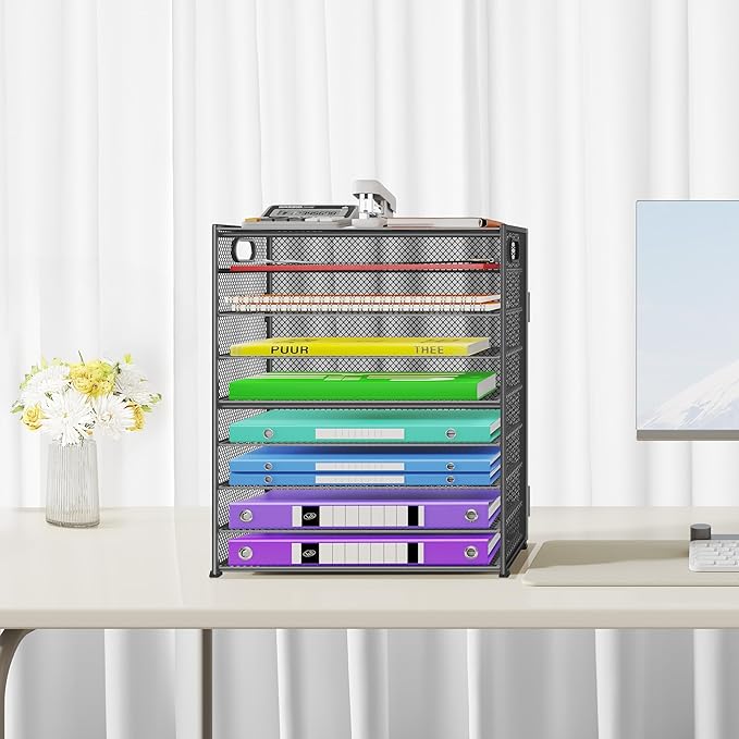 9 Tier Paper Organizer with Handle, Large Capacity Desk Organizer Mesh Paper Letter Tray File Folder Document Sorter for Classroom and Office Accessories Organization- Grey (2 Pack)