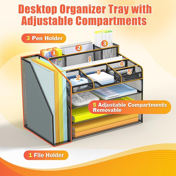 Docnest 4 Tier Mesh Desk Organizer with File Holder – Multi-Functional Paper Letter Tray with 5 Adjustable Compartments, 3 Pen Holders, Desktop Storage for Files, Mail, Stationery – Black