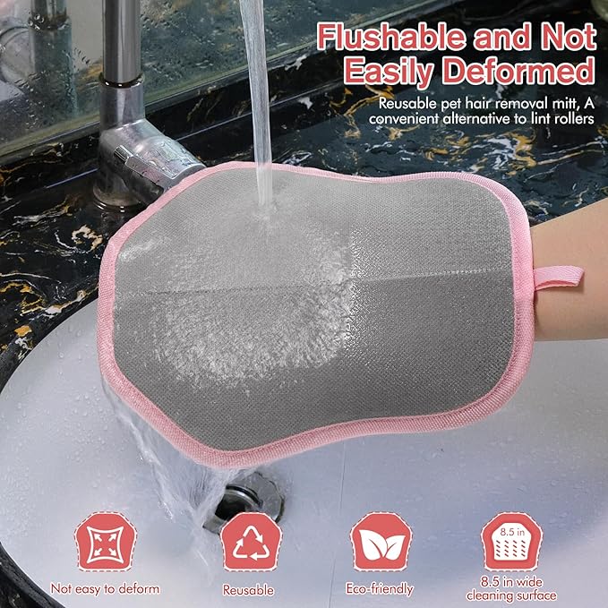 Steinfinit Reusable Pet Hair Removal Gloves, Suitable for Removing Pet Hair from Clothing, Sofas, Carpets, and Car Seats, 1 Pcs with Hanging Hooks, Size 9.8 x 7.87 x 0.5 in (Pink)