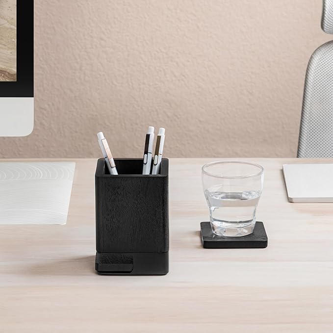 Anji Mountain Mango Wood Pen Holder with 2 Coasters, Stained Wood & Powder Coated Metal Pen Holder, Sustainable Room Decor Desk Organizer, Stylish Designer Pencil Case for Office Supplies