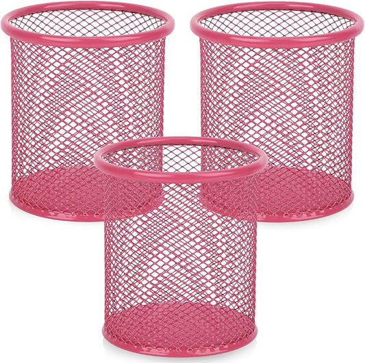 Segarty Pen Cup, 3 Pack Cute Dark Pink Pen Holder, Round Mesh Pencil Holder for Desk, Desktop Accessories Organizer for Office Supply, School, Home Storage, Makeup Brush Organization