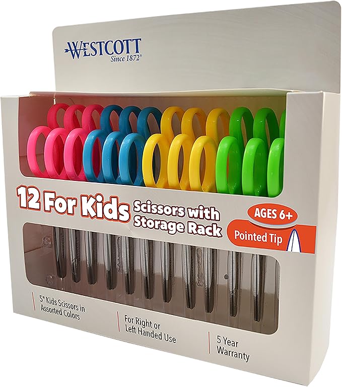 Westcott Right- & Left-Handed Pointed Scissors for Kids Ages 6+, Durable Stainless Steel Blades, Back to School Supplies, Classroom Scissors, Includes Storage Rack, 5-Inch, 12 Pack, Assorted Colors