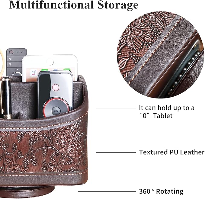 YAPISHI Antique Leather Remote Control Holder, 360 Degree Spinning Desk TV Remote Caddy/Box, Bedside Table Organizer for Controller, Media, Calculator, Mobile Phone and Pen Storage