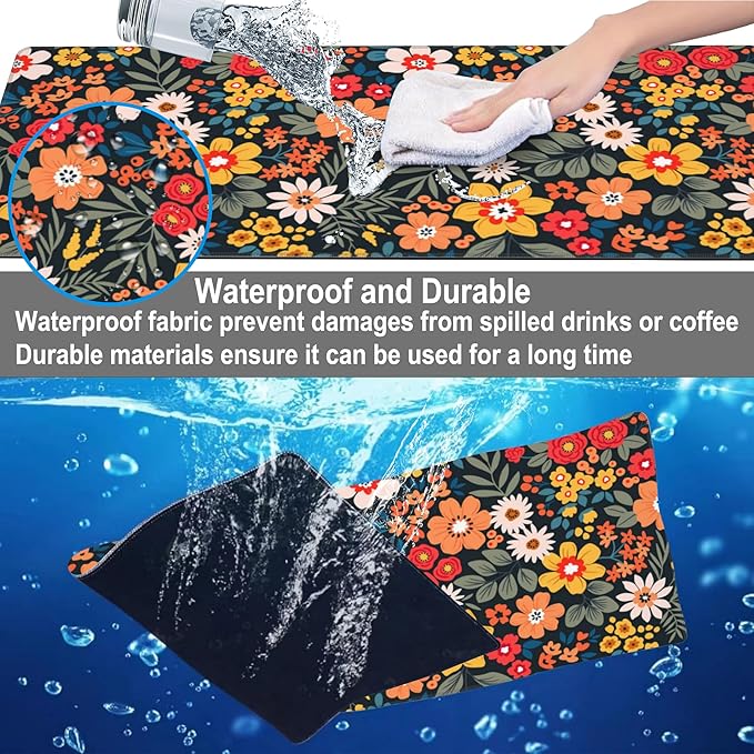 Mouse Pad, Large Colorful Flowers and Plants Desk Mat, Extended Non-Slip Gaming Keyboard Mousepad Desk Pad, Thick Stitched Edges Waterproof Mouse Mat 31.5"x15.7" (Bright Abstract Floral)