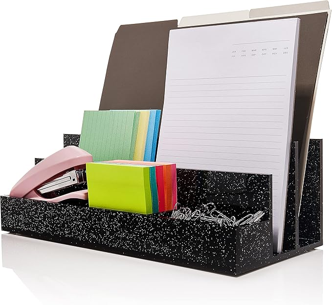 Acrylic Desk Organizer for Office Supplies and Desk Accessories, 12.5” x 5.5” x 4” and 5mm Acrylic Valet to Organize Documents, Files, Paper Clips, Sticky Notes, Tablet, Other Storage (Black Glitter)