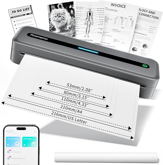 Phomemo Portable Printers Wireless for Travel, M832 Inkless Thermal Printer, Support 8.5'' x 11'' US Letter & A4, Small Bluetooth Mobile Printer for Office Home School, Compatible with Phone Laptop
