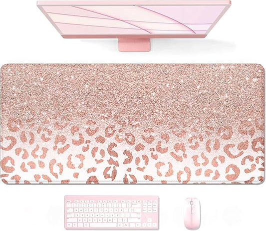 Auhoahsil Large Mouse Pad, XXL Desk Pad, Extened Mousepad 31.5" x 11.8", Non-Slip Rubber Base, Stitched Edges, Superior Surface, Gaming Keyboard Mat, Waterproof Desk Pad, Pink Gold Leopard