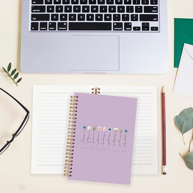 BearCake Boho Floral Christian Notebook Journal,Christian Gifts for Women, spiral Bible Notebooks for Note Taking, Bible Journaling Notebook,Bible 5:22-23 Hardcover Spiral Notebook 5.5x8.3 purple