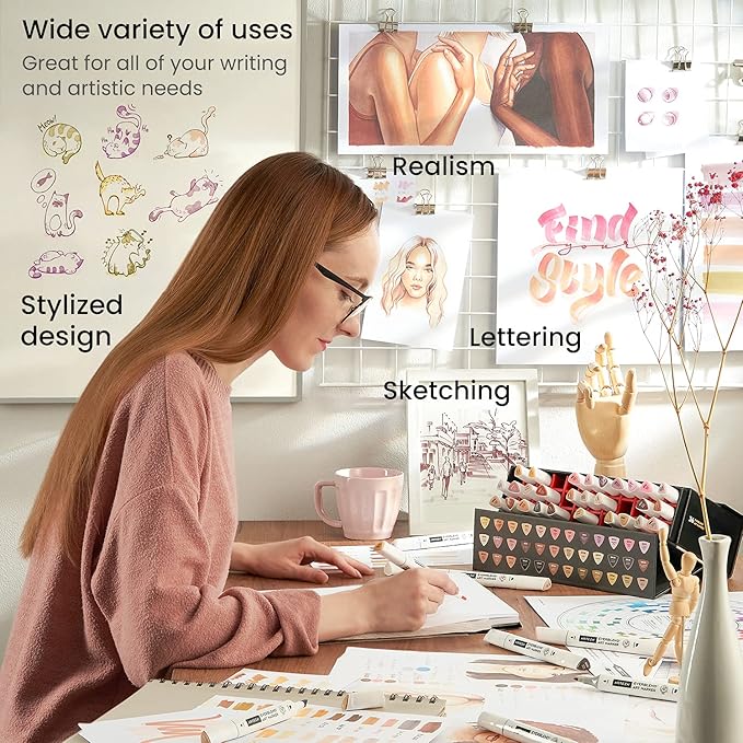 ARTEZA Alcohol Markers – Set of 36 Portrait & Skin Tone EverBlend Dual Tip Markers with Fine and Chisel Nibs and Organizer Box for Drawing