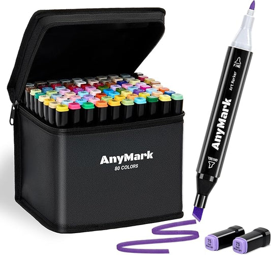 AnyMark Alcohol Markers, 80 Colors Dual Tip Art Coloring Markers Set for Kids Adult Book Drawing Sketching Painting, Chisel & Fine, Black Penholder
