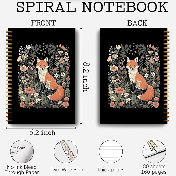 Fox Notebook Journal, Floral Notebook Journal, Fox Gifts for Women, Fox Themed Gifts, Cottagecore Decor Notebook Journal, Animal Lover Gifts, Fox Floral Spiral Notebook 5.5x8.3 Inch