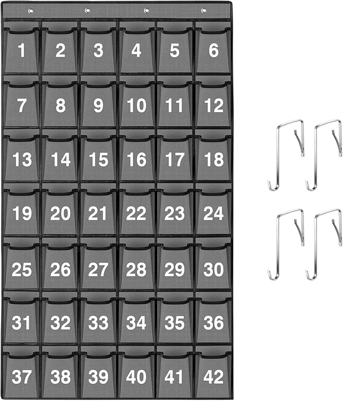 42 Pockets Numbered Classroom Pocket Chart for Cell Phones, Hanging Pocket Chart Storage for Classroom Phone Calculator Holder with 4 Hooks and 42 Clear Numbers Printing (Grey-42pockets)