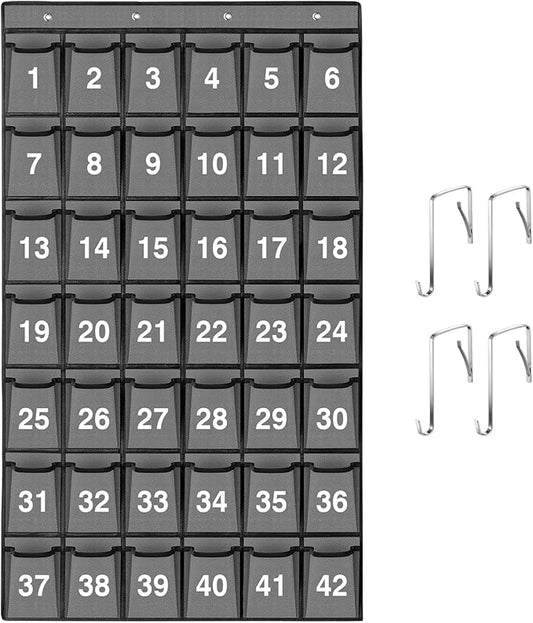 42 Pockets Numbered Classroom Pocket Chart for Cell Phones, Hanging Pocket Chart Storage for Classroom Phone Calculator Holder with 4 Hooks and 42 Clear Numbers Printing (Grey-42pockets)
