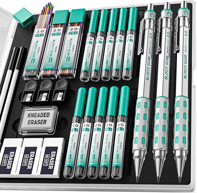 Nicpro 3 Pack Blocky Gear 2.0 mm Metal Mechanical Pencils Set with Case, Drafting Pencil with 13 Tubes 2mm Lead Refills (HB 2B 2H 4B 4H 6B & Colors), Erasers for Carpenter Writing Drawing