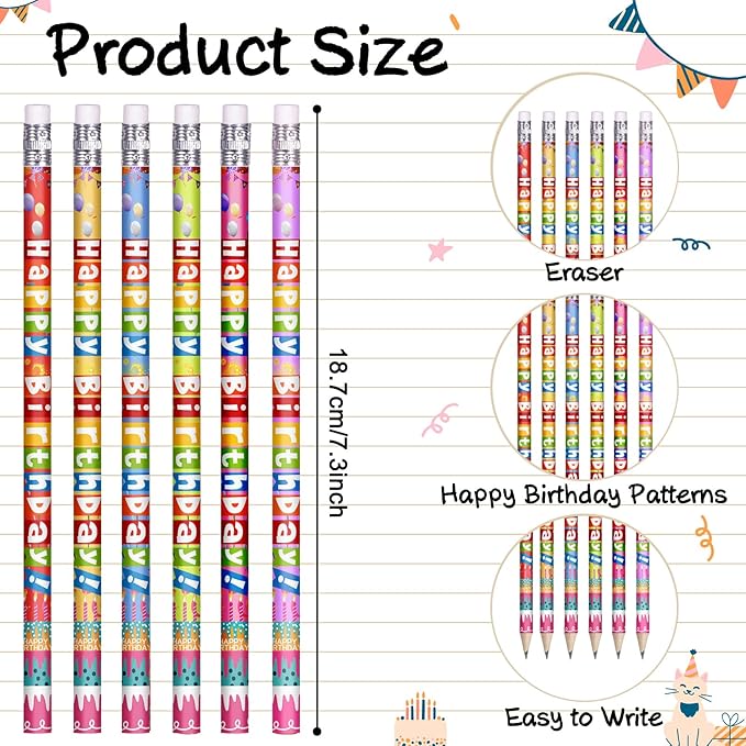 72 Pcs Happy Birthday Pencils Colorful Birthday Pencil for Students Teacher Wooden Pencils with Erasers Birthday Party Supplies, 6 Style(72)