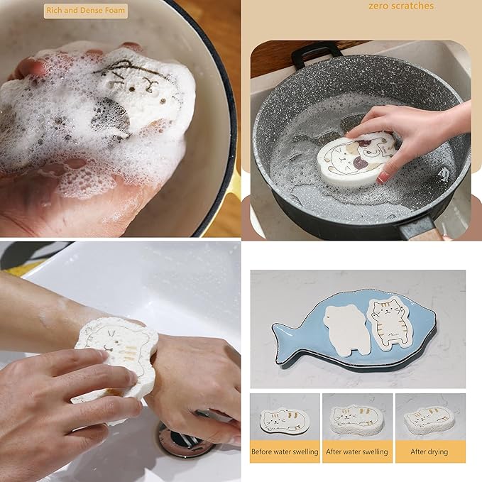Extra Durable Biodegradable Wood Pulp Cartoon Sponges Compressed - More Durable Than Ordinary, Quick-Absorbing for Kitchen, Bath & Pet Dishes, 4-Pack Cute Cat Shapes, Plant-Based & Odorless