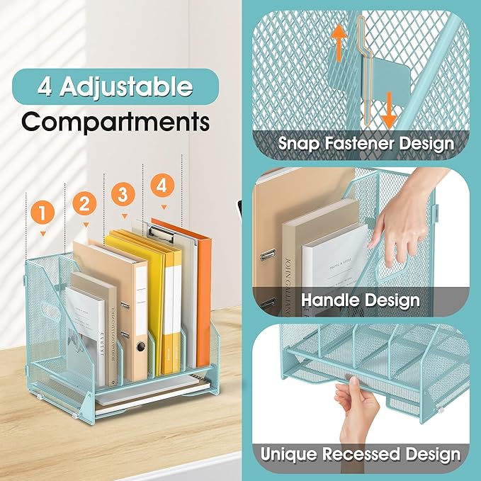 Desk File Folder Holder Organizer-4 Vertical Compartments Racks and Paper Letter Tray,Mesh Magazine File Holder Sorter,Desktop Accessories & Workspace Organizers for Home,Office,School-Blue