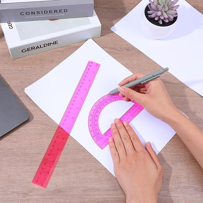 2 Pack Pink Plastic Ruler and Protractor Set 12 Inch and 6 Inch Plastic Protractor Set Clear Math Drafting Geometry Sets Transparent Ruler Sets for Home Office Drawing Architect Engineer