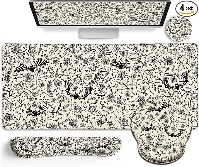 Goth Bat Mouse Pad Set Large Desk Mat for Desktop, Ergonomic Mouse Pad with Wrist Rest for Gaming, Keyboard Mat Wrist Support Cup Coaster Set, Gothic Office Desk Accessories Decor Supplies