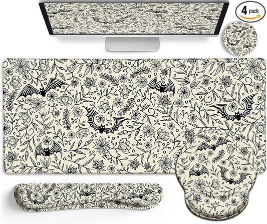 Goth Bat Mouse Pad Set Large Desk Mat for Desktop, Ergonomic Mouse Pad with Wrist Rest for Gaming, Keyboard Mat Wrist Support Cup Coaster Set, Gothic Office Desk Accessories Decor Supplies