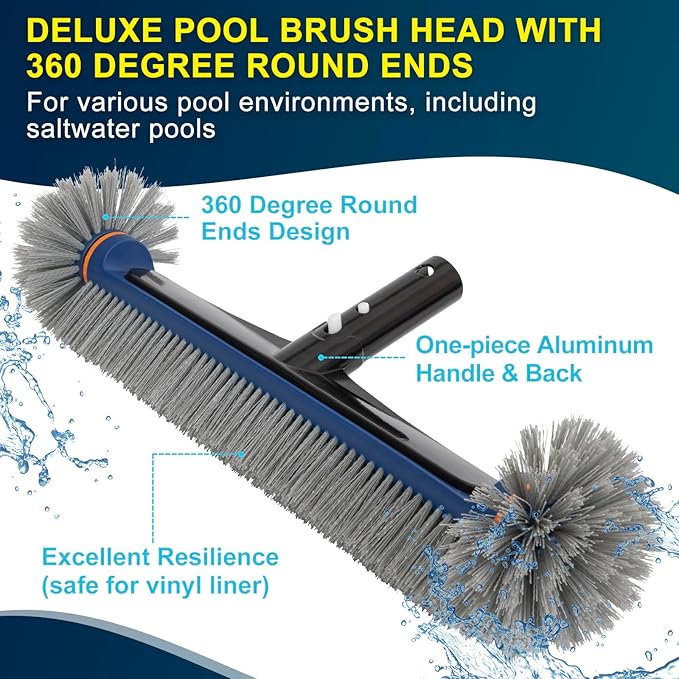 Deluxe Swimming Pool Cleaning Kit Including Pool Skimmer Net with Rubber Edge, 17.5" Pool Brush Head & Rotatable Pool Scrub Brush, Heavy Duty Pool Cleaning Kit Inground & Above Ground Pool (No Pole)