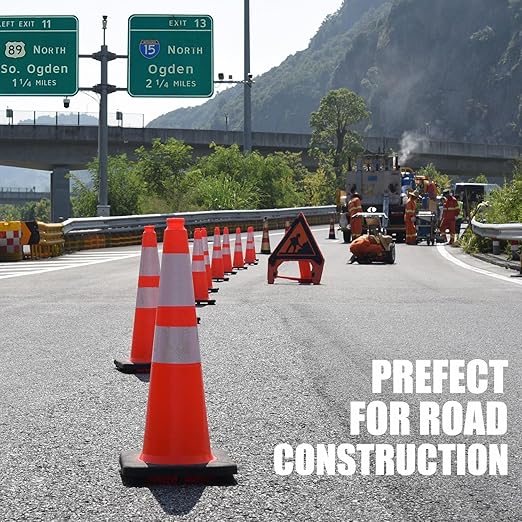 Fluorescent Orange PVC Traffic Cones, Heavy-Duty Black Base Garage Parking Lot Cone Structurally Stable Weatherproof Road Construction Safety Cones (4, Orange, 28" Large)