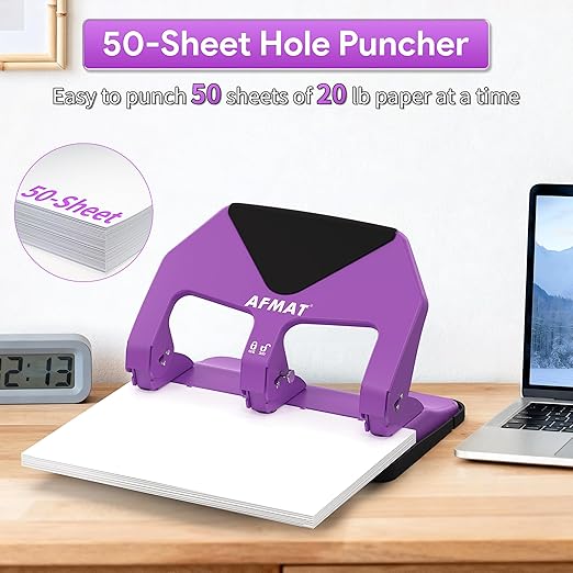 AFMAT HP20 Heavy Duty 3 Hole Punch, 50-Sheet Capacity, 60% Reduced Effort Three Hole Puncher for Binder, 10K+ Uses, Large Chip Tray, Adjustable Paper Guide, Office Metal Paper Puncher 3 Ring, Purple