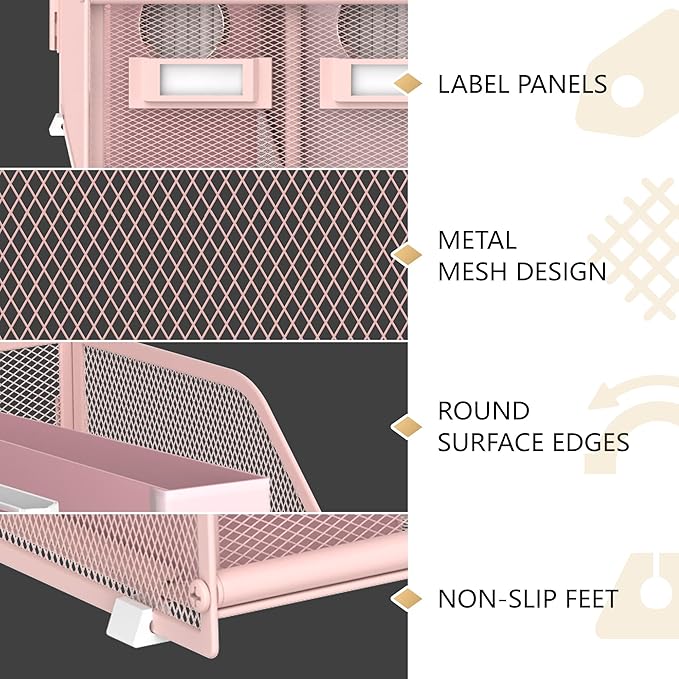 DALTACK Desk Organizers Metal Magazine File Holder with 5 Vertical Compartments Folder Storage Binder Organizer for Office Home School Organization, Pink Plus