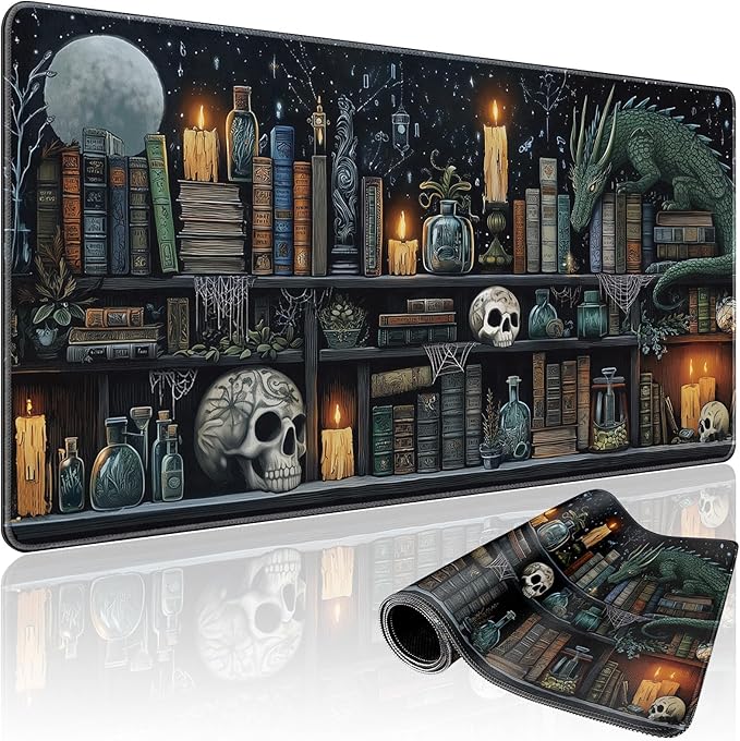 Mystical Gothic Library Large Gaming Mouse Pad 31.5"x15.7"｜ Vintage Book-Themed XXL Desk Mat, Non-Slip Rubber Base & Stitched Edges - Extended Mousepad for PC/Laptop/Office/Home Decor