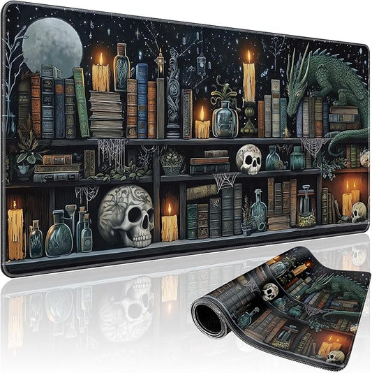 Mystical Gothic Library Large Gaming Mouse Pad 31.5"x15.7"｜ Vintage Book-Themed XXL Desk Mat, Non-Slip Rubber Base & Stitched Edges - Extended Mousepad for PC/Laptop/Office/Home Decor