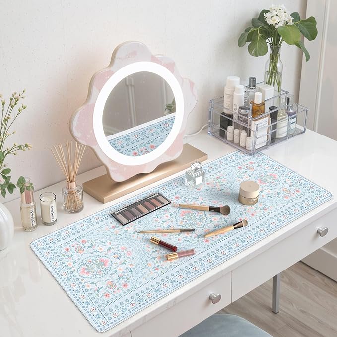 HAOCOO Floral Desk Mat for Keyboard and Mouse, Large Laptop Mouse Pad, Waterproof Makeup Mat, Cute Desktop Mat for Home, Desk Skirts for Teacher Desk, Desk Mat for Dorm(Blue)