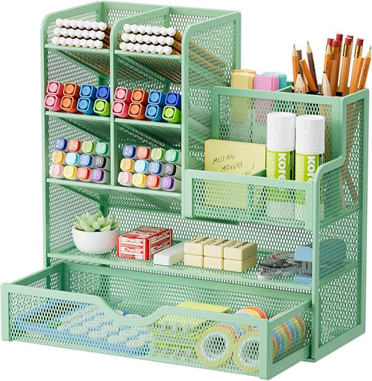 Marbrasse Mesh Pen Holder for Desk, Multi-Functional Pencil Organizer with Drawer, Desk Organizers and Accessories for Office Art Supplies (Green)