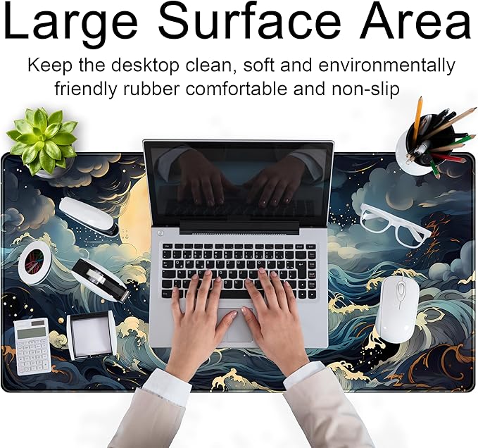 Full Moon Mousepad Cute Desk Mat Stormy Seas XXL Large Extended Gaming Mouse Pad Mat, Office Computer Mat Laptop Keyboard and Mouse Mat, Non-Slip Desk Pad with Stitched Edges, 31.5''x15.7''