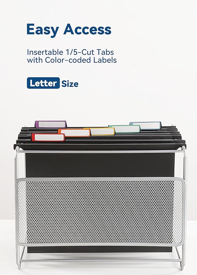 Plastic Hanging File Folders, Letter Size, 12 Pack Hanging Folders, with Insertable 1/5-Cut Tabs for Filing Cabinets - Black