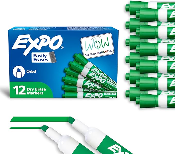 EXPO Dry Erase Markers, Low Odor Ink, Green, Chisel Tip, 12 Count
