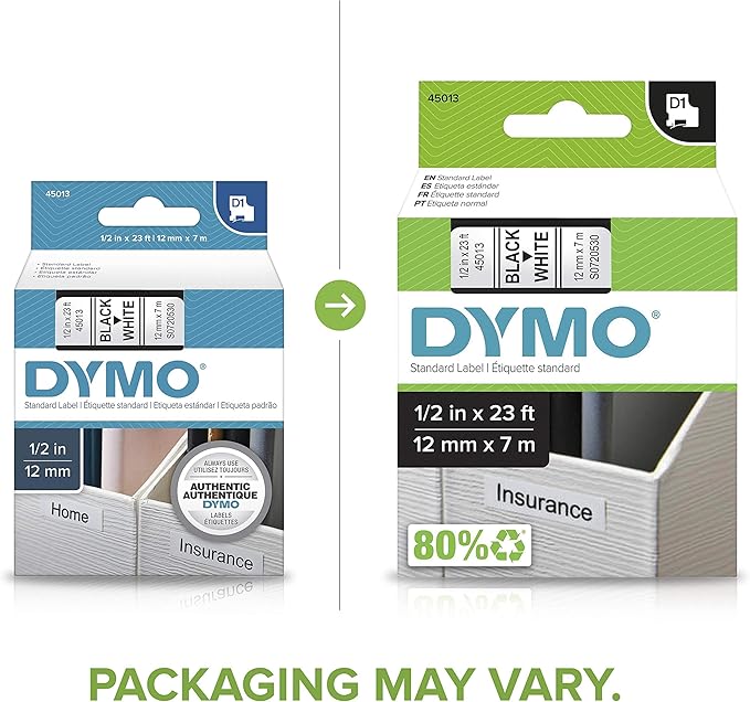 DYMO D1 Labels 1/2-Inch x 23-Foot Roll Black Print on White Self-Adhesive For LabelManager Label Makers