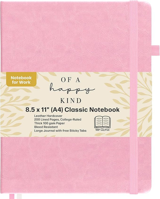 Classic Lined Journal Notebook 8.5x11" A4 Hardcover Leather - Pink - 200 Pages College Ruled Large with Sticky Tabs, Pockets, and Pen Loop for Writing and Journaling - Big Hardback Men and Women
