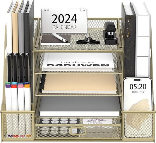 SUPEASY Mesh Desk Organizer with File Holder, 5-Tier Paper Letter Tray Organizer with Magazine Holder, Desktop Organizer and Storage with Drawer for Office Supplies Home or School, Yellow