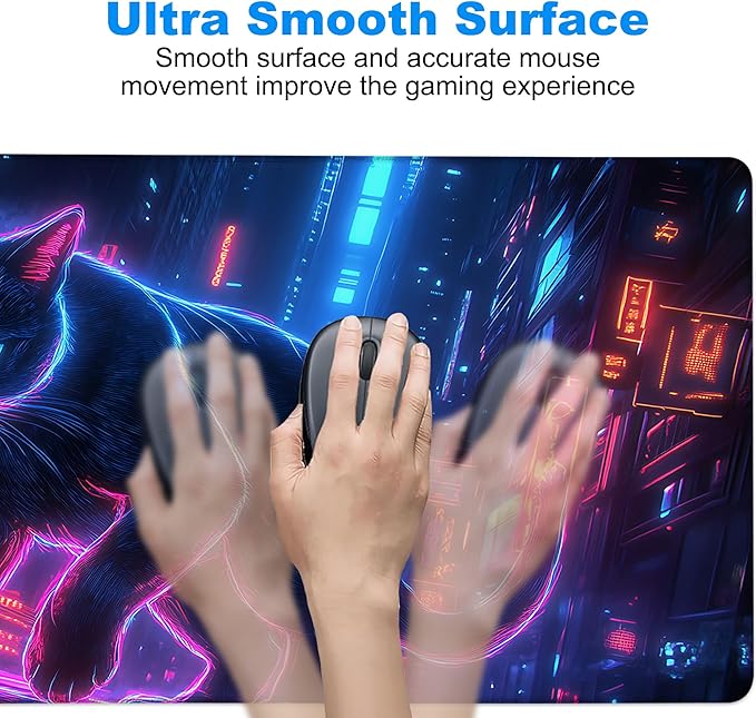 Desk Pad, Neon Cat Prowling Cyberpunk Cityscape XXL Gaming Mouse Pad with Stitched Edges,Non-Slip Waterproof Rubber Base Large Desk Mat for Keyboard and Mouse 35.4"x15.7"
