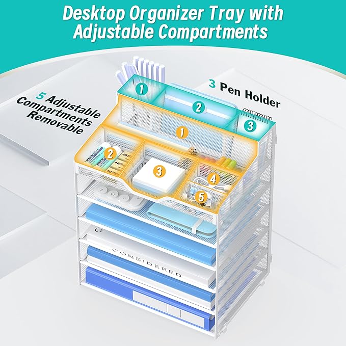 6 Tier Mesh Desk Organizer,Multi Functional Letter Paper Tray with 3 Pen Holders and 5 Adjustable Storage Compartments for Office Supplies Files and Mail Space Saving Desktop Organizer-White