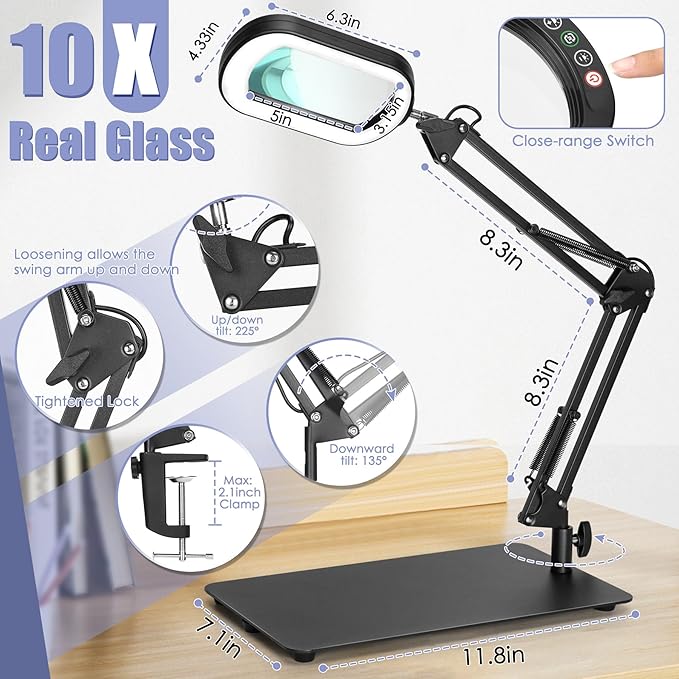 Drdefi 10X Square Magnifying Glass with Light and Stand, Real Glass LED Lighted Magnifier, 5 Color Modes Stepless Dimmable, Hands-Free Mag Desk Lamp with Clamp for Reading Craft Hobby Close Work