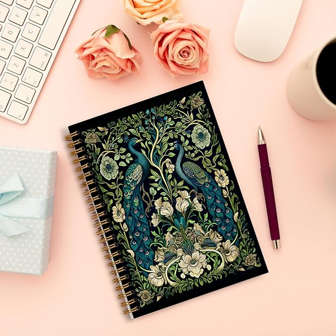 Vintage Floral Peacock Notebook, Retro Moody William Morris Flower Botanical Peacock Journal, Dark Academia Cottagecore Journaling, Rustic Floral Spiral Notebook 5.5x8.3 Inch