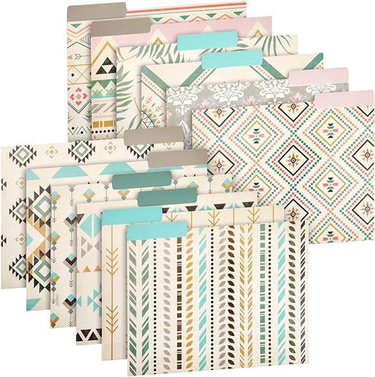 12 Pack Boho-Themed Decorative File Folders, 1/3 Cut Tab, Cute Office Supplies for Women (9.5 x 11.5 in)