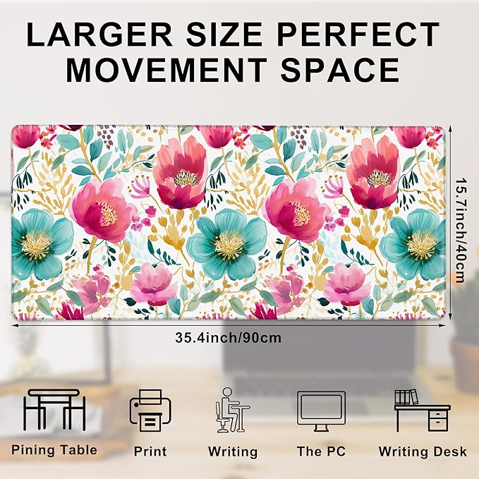 Gaming Mouse Pad, Watercolor Pink and Teal Flowers Floral Large Desk Mat for Keyboard and Mouse,Non-Slip Rubber Base and Stitched Edges Desk Pad for Home Office 35.4x15.7in