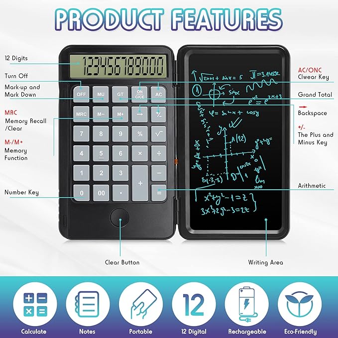 Hion Calculators,12-Digit Large Display Rechargeable Pocket Office Desktop Calculator with Erasable Wiriting Tablet,Mute Basic Desk Calculators with Doodle Pad for Student Home School,Black