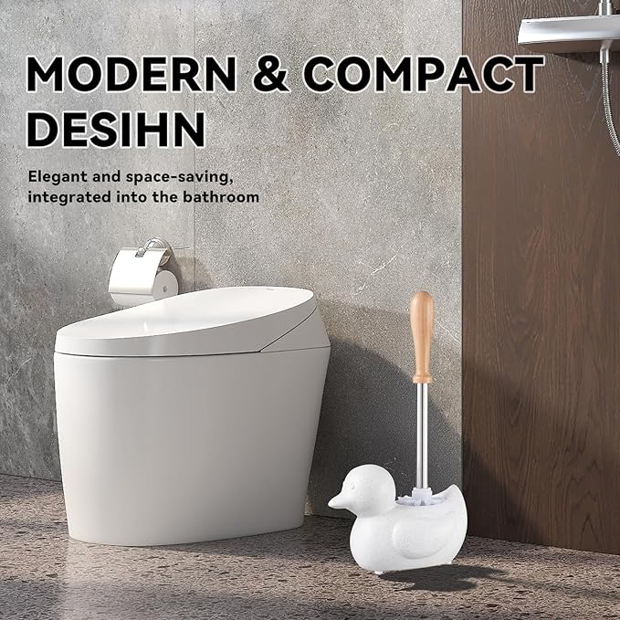 Modern Toilet Brush Set and Holder - Toilet Bowl Brush Ceramic Bathroom Accessories Set Decor, Cleaner Brush Kit with Detachable Brush Head & Natural Wood Handle (Ivory White)