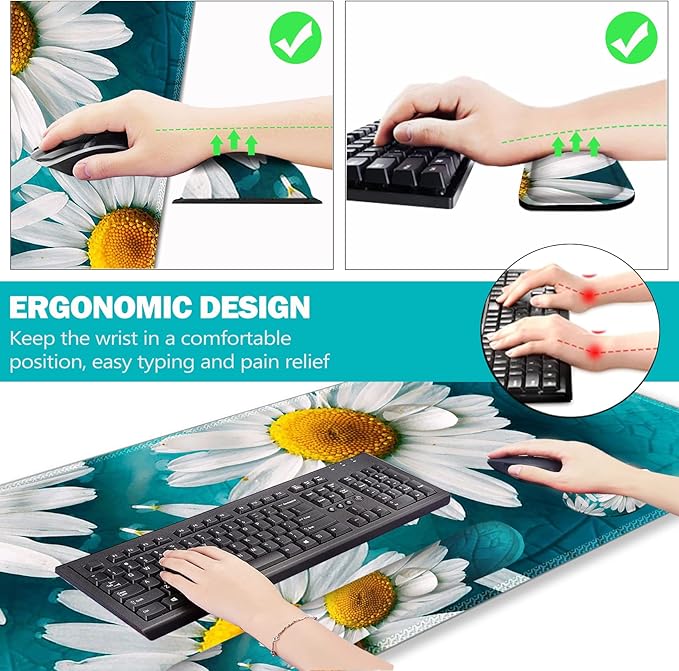ARTSO Large Gaming Mouse Pad Set, Keyboard Wrist Rest Support + Mouse Wrist Cushion + Extended Mousepad + Coaster, 35x15.5in Multifunctional Desk Mat 4pcs, Cute Daisy
