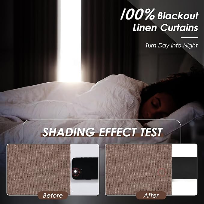 Caramel Brown Linen Blackout Curtains 120 Inch Length 2 Panels Set Burg Extra Long 10 Ft Back Tab Pocket Drapes Cotton Textured Total Sun Blocking Curtains for Living Room Cottage High Window 52x120