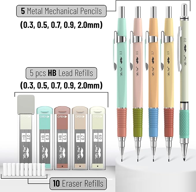 Mr. Pen- Mechanical Pencil Set, 5 Sizes, 0.3, 0.5, 0.7, 0.9, 2mm, Anti Skidding Grip Cute Mechanical Pencils